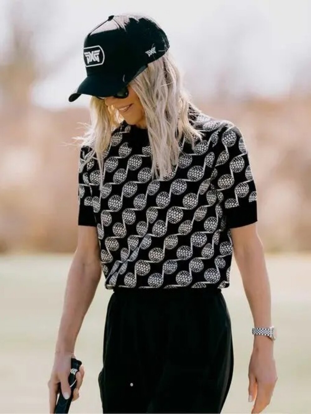 PXG Golf Ball Motif Knitted Top Black short sleeve sweater women's Size XL